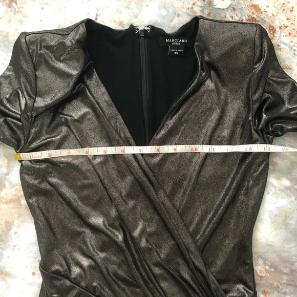 Guess Marciano | Black Metallic Silver Midi Wrap Dress NWOT - Picture 6 of 11